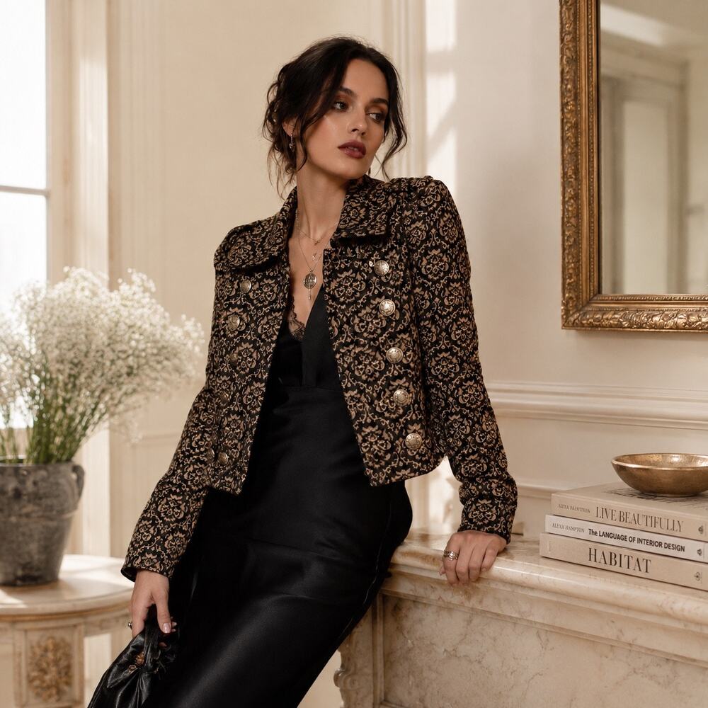 Free People Military Brocade Cropped Jacket Black Gold Jacquard Size 4 Baroque